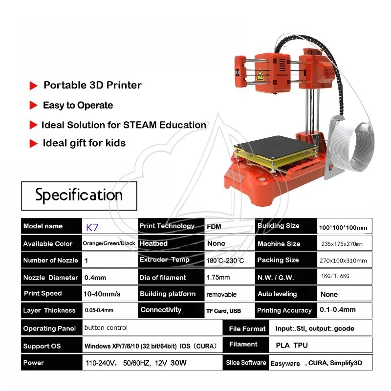 Portable Desktop 3D Printer K7 Mini Entry Printing Machine For Kids Student Beginner Household Education Use