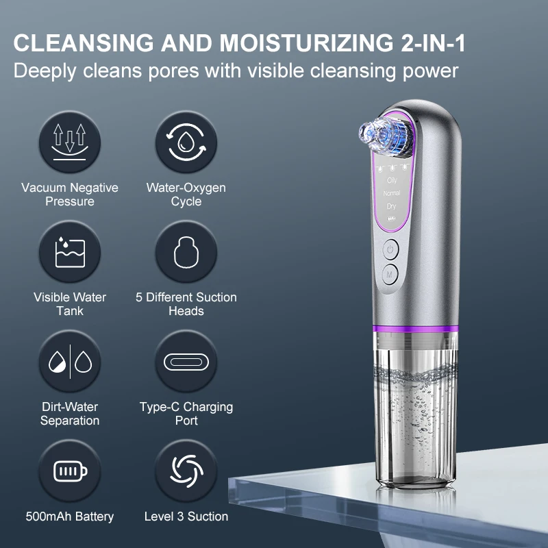VLVEE Electric Water Vacuum Blackhead Suction Device Pore Cleaner Facial Hydro Cleanse Face Acne Blackhead Removal Tool
