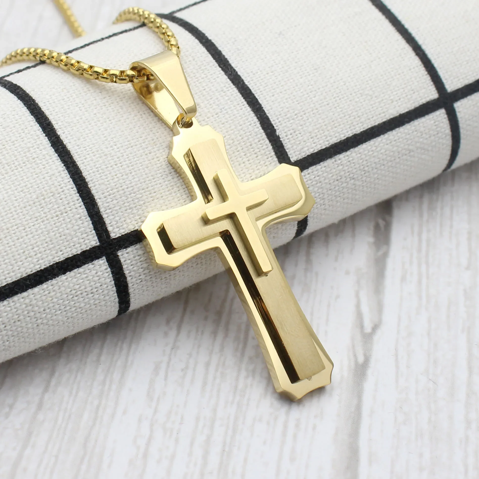 60cm Men Christian Cross Necklace Pendants Fashion Jewelry Stainless Steel Black Gold Color Dropship