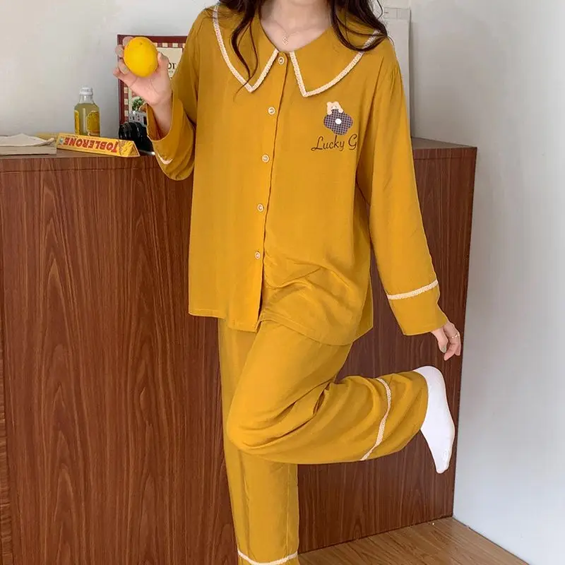 Long Sleeve Doll Collar Poplin Sleepwear Women's Spring Autumn Thin Loose Casual Homewear Suit Sweet Cute Student Pajamas Set