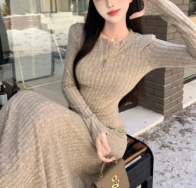 أنيقة ضئيلة عالية الخصر فساتين متماسكة النساء الخريف الشتاء طويلة الأكمام سميكة الدافئة فستان طويل خمر الشارع الشهير Vestidos #4