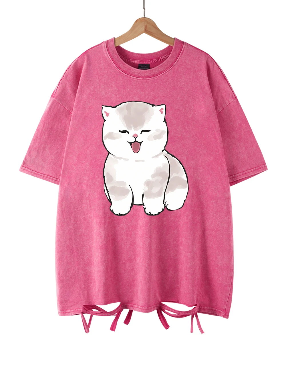 

Постиранные футболки с принтом Kawaii Cat, женские хлопковые топы, удобная уличная одежда с круглым вырезом и потертостями, летняя повседневная женская одежда