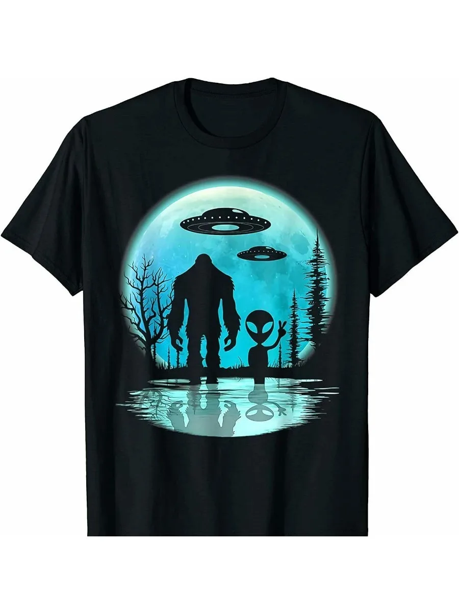 100% algodão casual camisetas masculinas soltas tamanho superior S-3XL legal impresso t-shirts alien e bigfoot moon gráfico