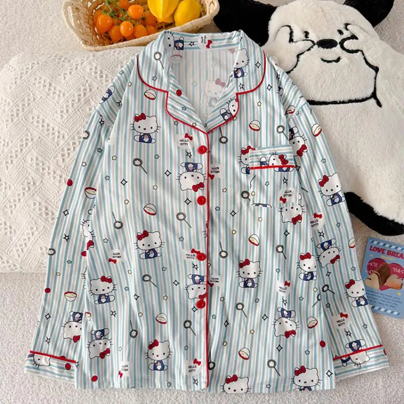 حار جديد أنيمي لطيف مرحبا كيتي المرأة بيجامة الكرتون صورة Kawaii الحلو نمط فتاة ملابس المنزل في سن المراهقة طويلة الأكمام بنطلون بيجامة