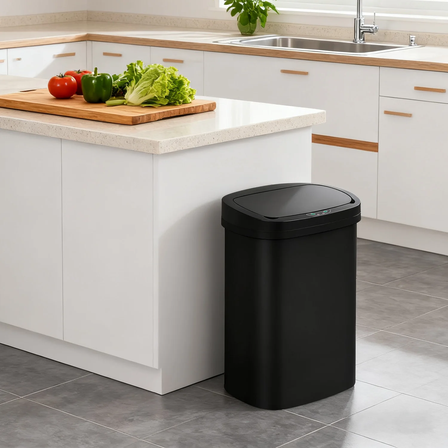 سلة مهملات أوتوماتيكية سعة 13 جالونًا، صندوق مستشعر حركة بلاستيكي مستطيل مع غطاء إغلاق هادئ للمطبخ وغرفة النوم والحمام والمكتب