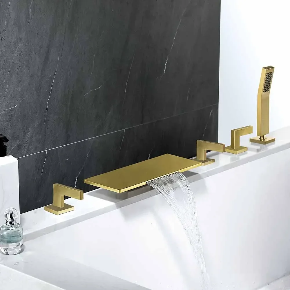 Wall Mounted Waterfall Tub Faucet with Handheld Shower Roman Tub Filler 3 Handles Brushed Gold Brass Bathroom Faucet