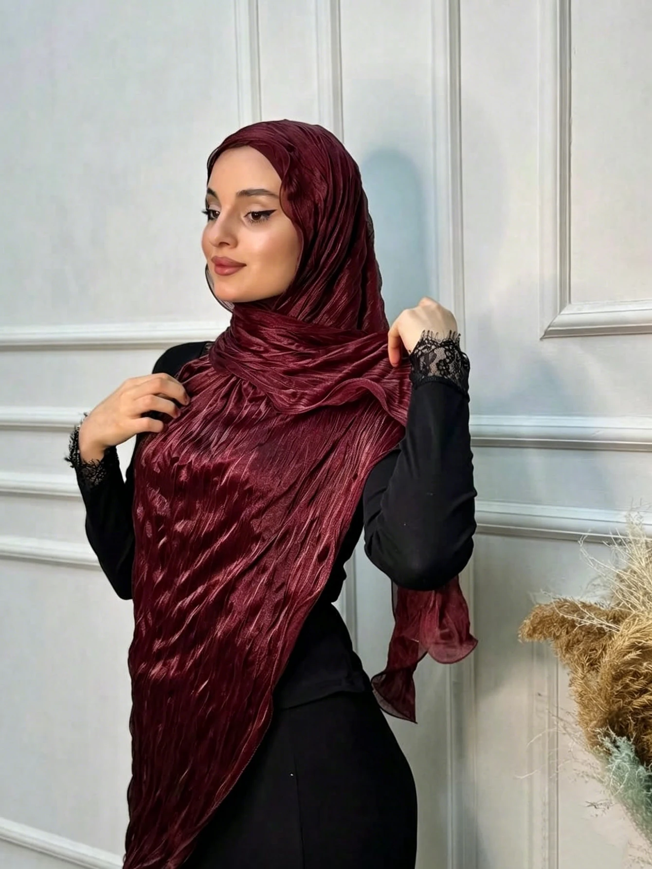 Image of Neue Wellenrand-Hijabs für Frauen Einfarbiger Schal Weicher Dehnbarer Kopftuch Leichter Schal Turban Hijab Ramadan