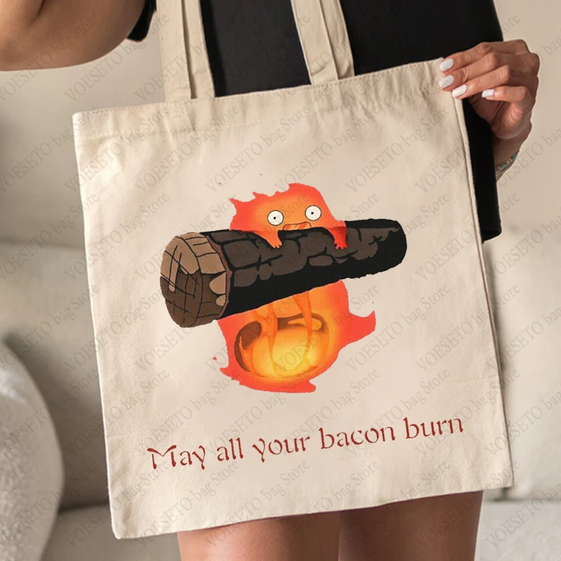 May All Your Bacon Burn Pattern Tote Bag Trendy Folding Canvas Shoulder Bags for Daily Commuting Women\'s Reusable Shopping Bag