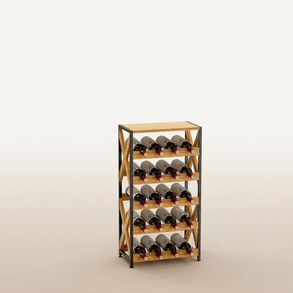 

5-уровневая деревянная винная полка, штабелируемая полка для хранения 20 бутылок, не качающаяся конструкция для кухни и гостиной