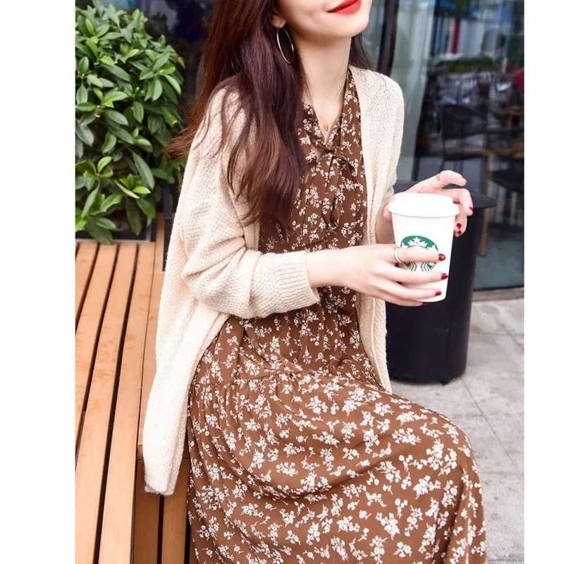 2023 Autumn New Long Sleeve Sweater Knitted Cardigan 2-Piece Set for Women's Fragmented Flower Long Skirt Women's Skirt Set