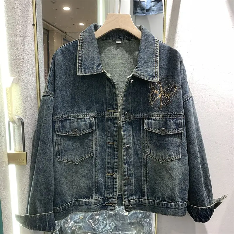 Hong Kong Denim Jacket Women's Outwear Feeling Butterfly Rhinestone Jacket Autumn 2024 New Pocket Design Short Jeans Coat Top