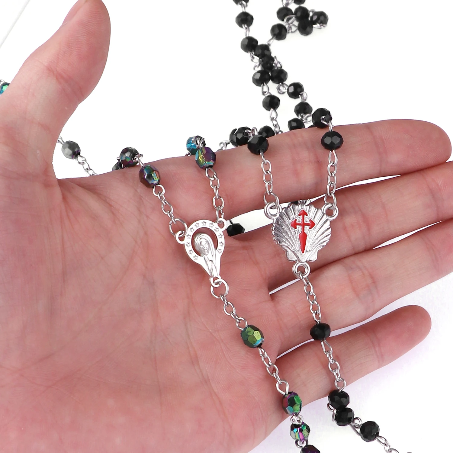 New Fashion Handmade Round Glass Bead Catholic Rosary Quality Bead Cross Necklace Beads Cross Religious Pendants Necklace