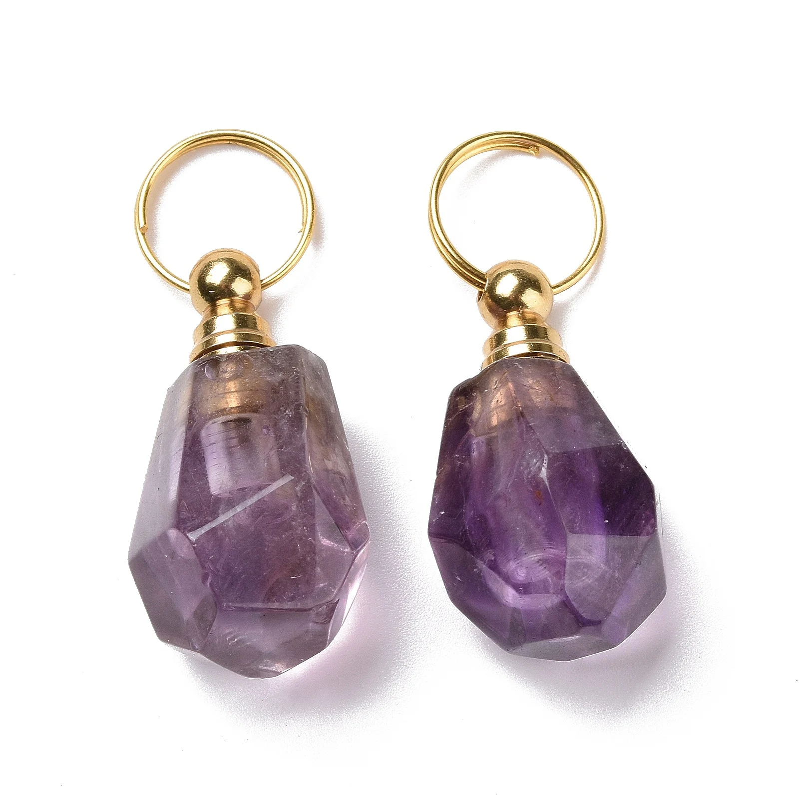 

5pcs Natural Amethyst Openable Perfume Bottle Pendants with Golden Tone Brass Findings Faceted Nuggets Charm for DIY Jewelry