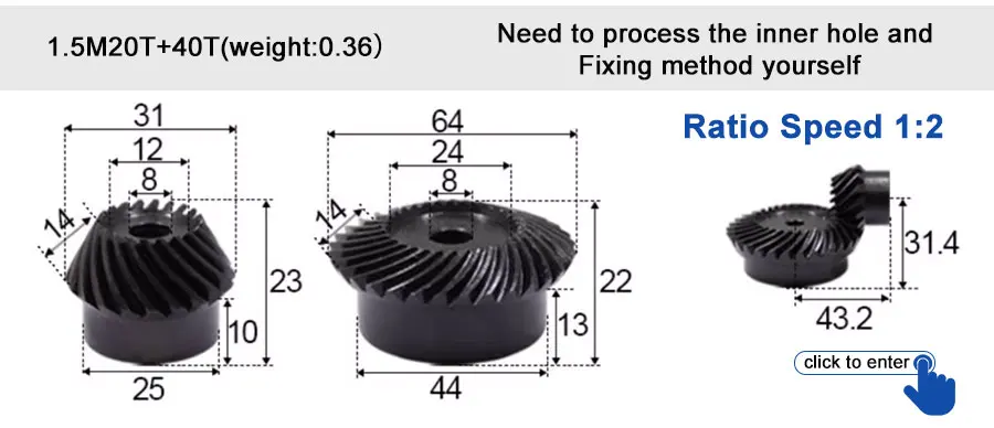 45 # Stahl-Spiralkegelradgetriebe, 2M, 15T bis 60T, Modul 1:4, 90 Grad Differentialgetriebe, gleicher Übersetzungsverhältnis, Durchmesser 8mm bis 12mm, Loch – Detail 29