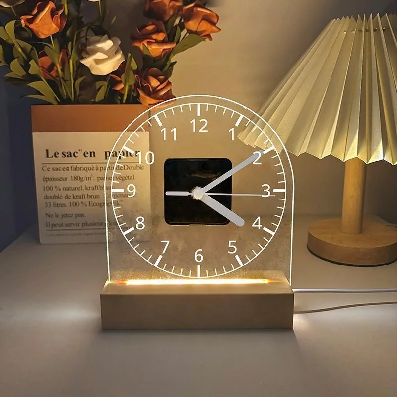 Modern Acrylic Transparent Clock with Night Light Silent Desk Clock for Bedroom Living Room Decor