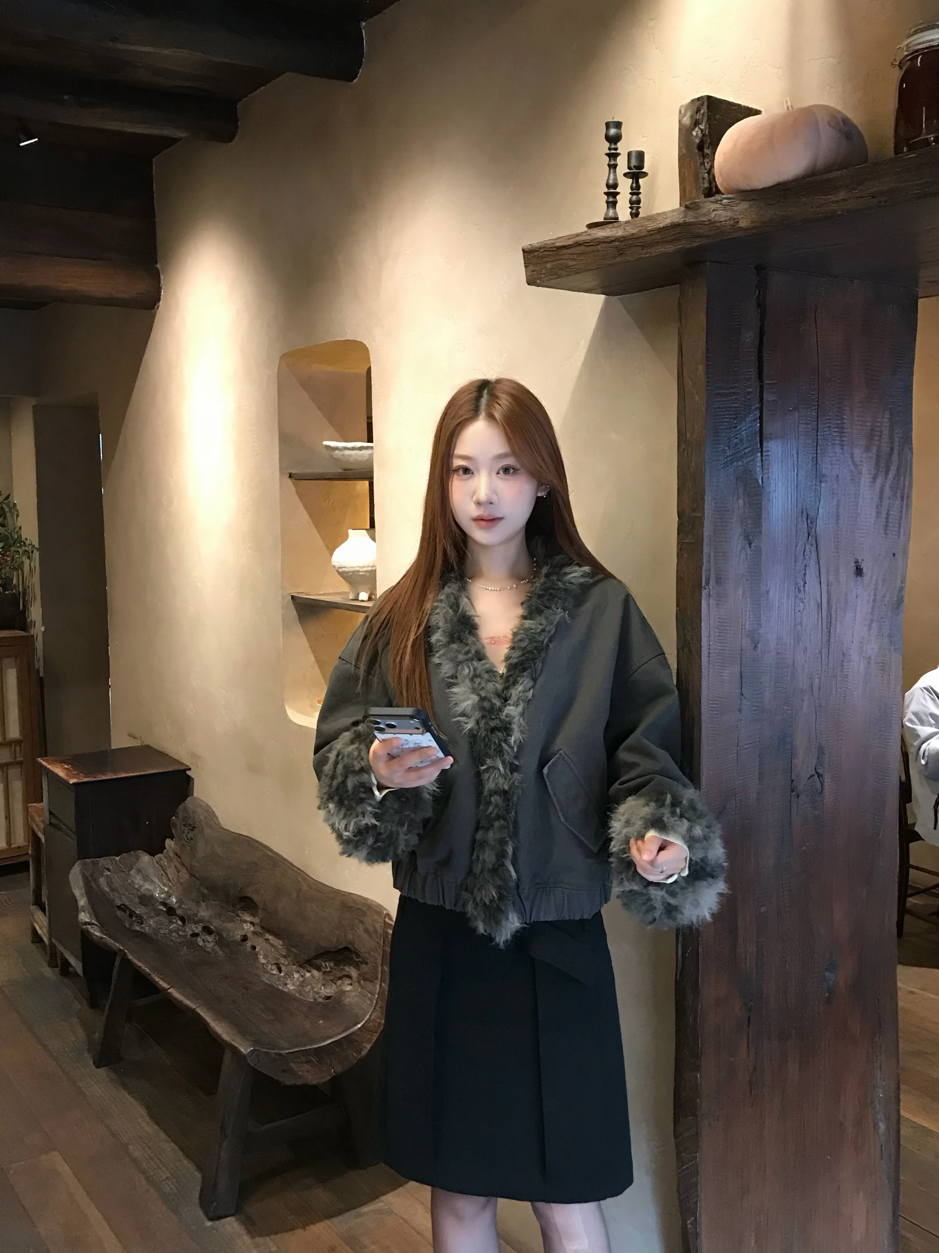 Retro American Three-Dimensional Pleated Skirt with Belt Mid-Low Waist Women's Autumn Winter Black Woolen Midi Skirt