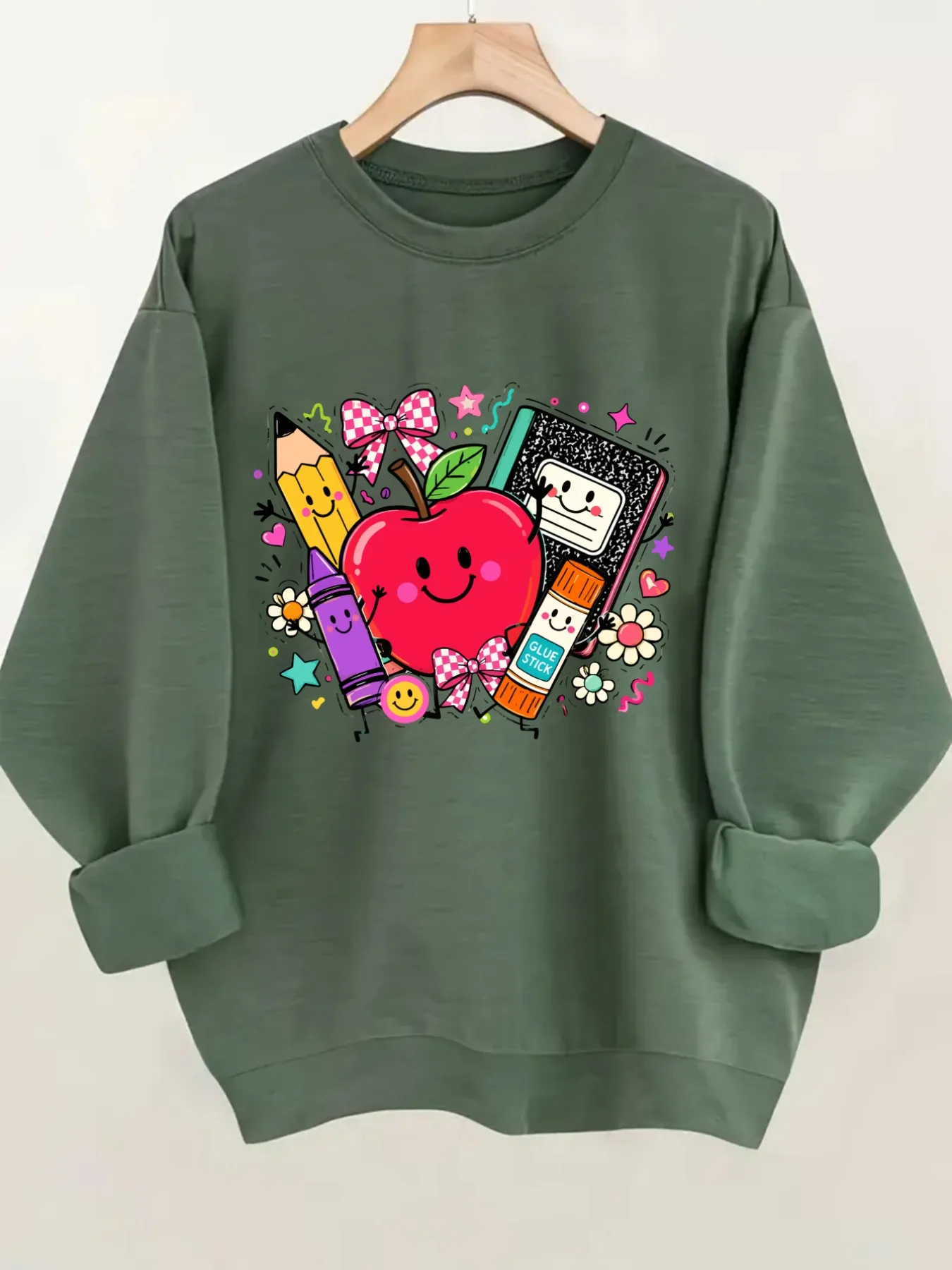 Women's Crew Neck Pullover Sweatshirt Cute School Supplies Design, Soft Casual Long Sleeve, Daily Casual Top Outfit, Winter Women's Clothing, Thanksgiving Outfit