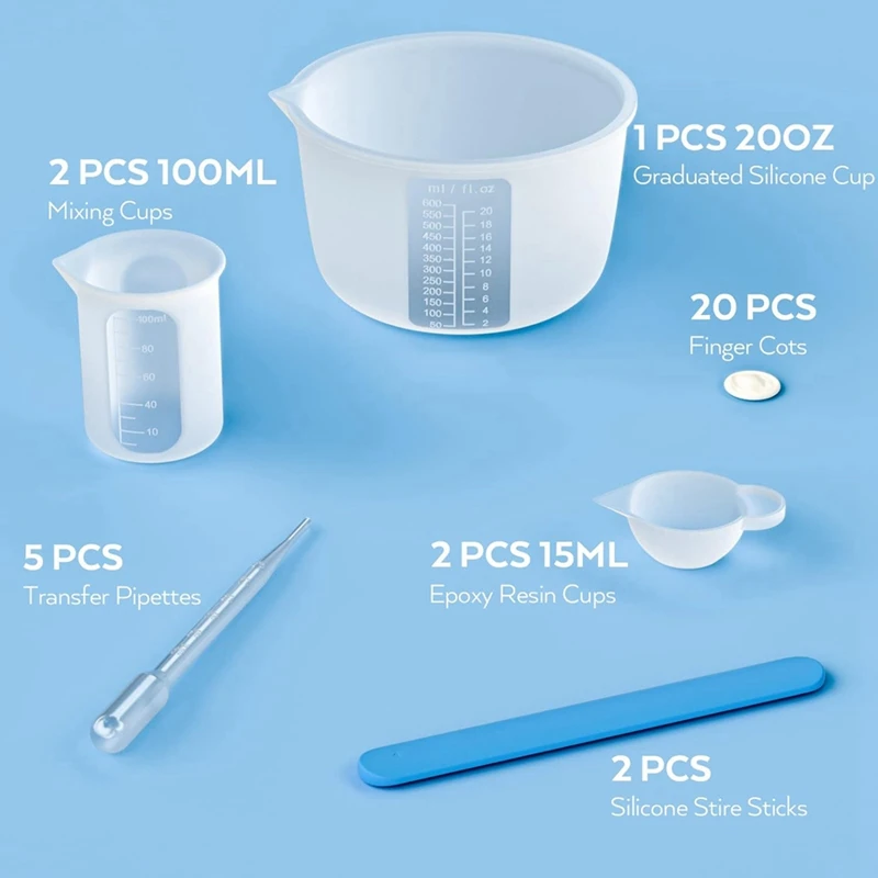 Large Silicone Resin Measuring Cups Tool Kit - Reusable 600Ml & 100Ml Measure Cup, Silicone Stir Sticks Pipettes, Durable