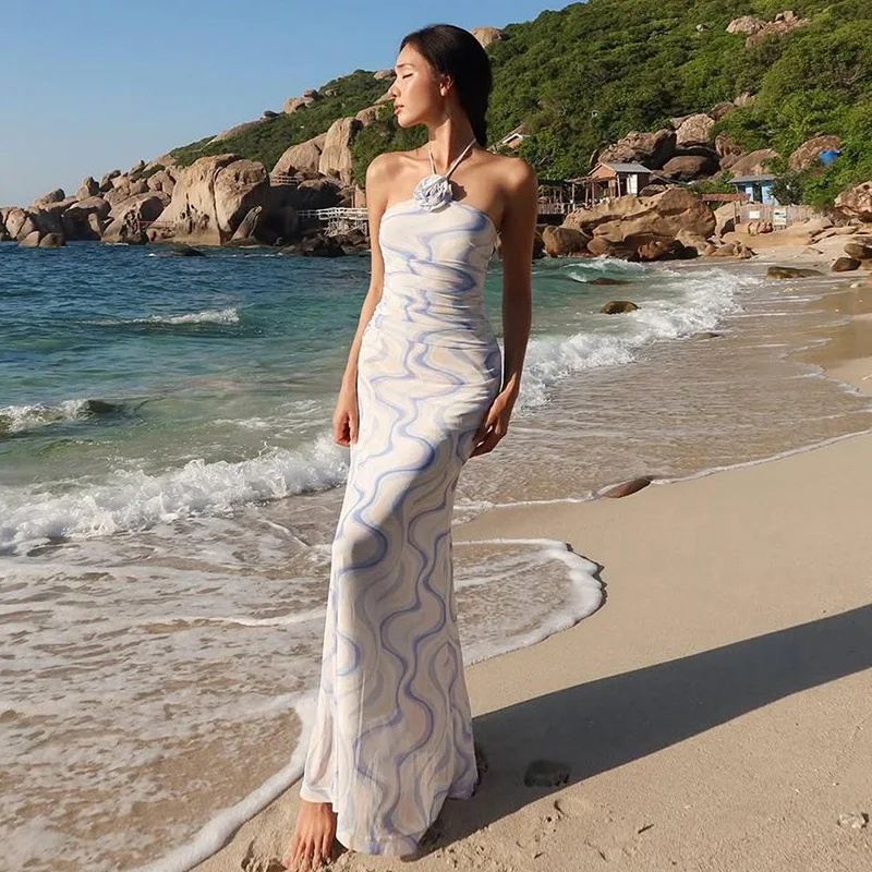 

2025 Dress Women Elegant Long Dresses Beautiful Women's New Sexy Printed Halter Neck Lace-up Backpack Hip-revealing Long Dress