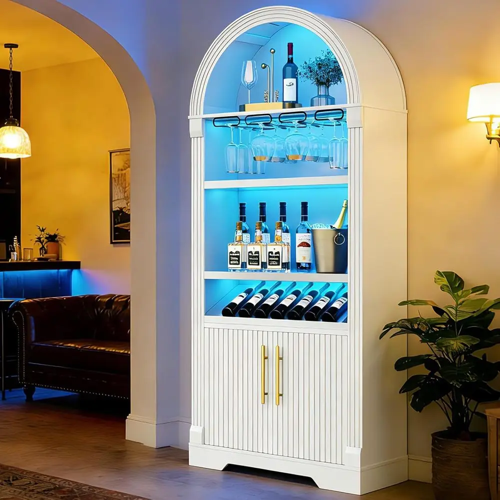 

71 Arched Wine Bar Cabinet with LED & Human Sensor, Stemware Rack, Adjustable Shelves for Kitchen, Dining Room