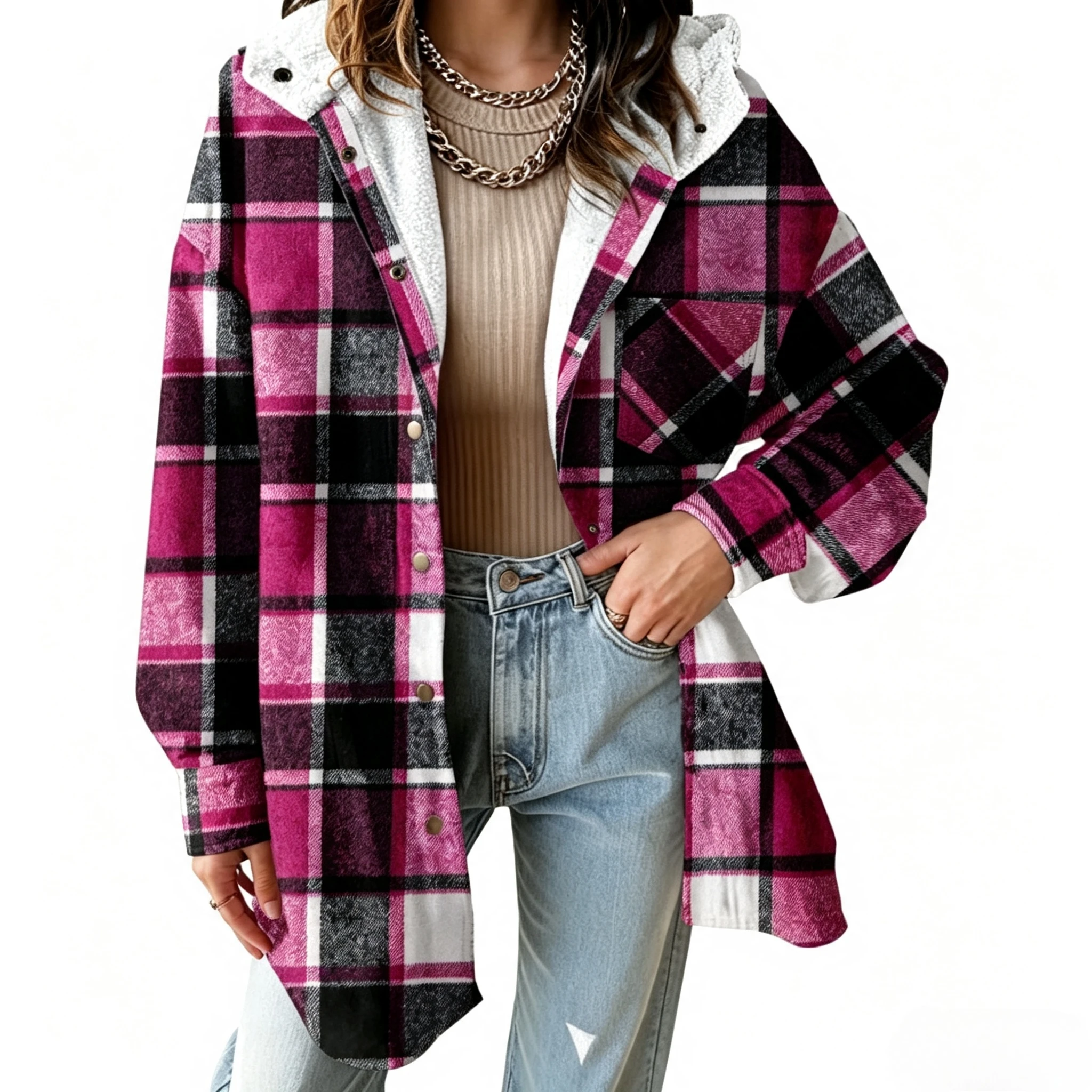 Women's Plaid Fleece Lined Hooded Shacket Button Down Long Sleeve Pockets Loose Fit Warm Winter Cozy Soft Casual Outerwear Coat