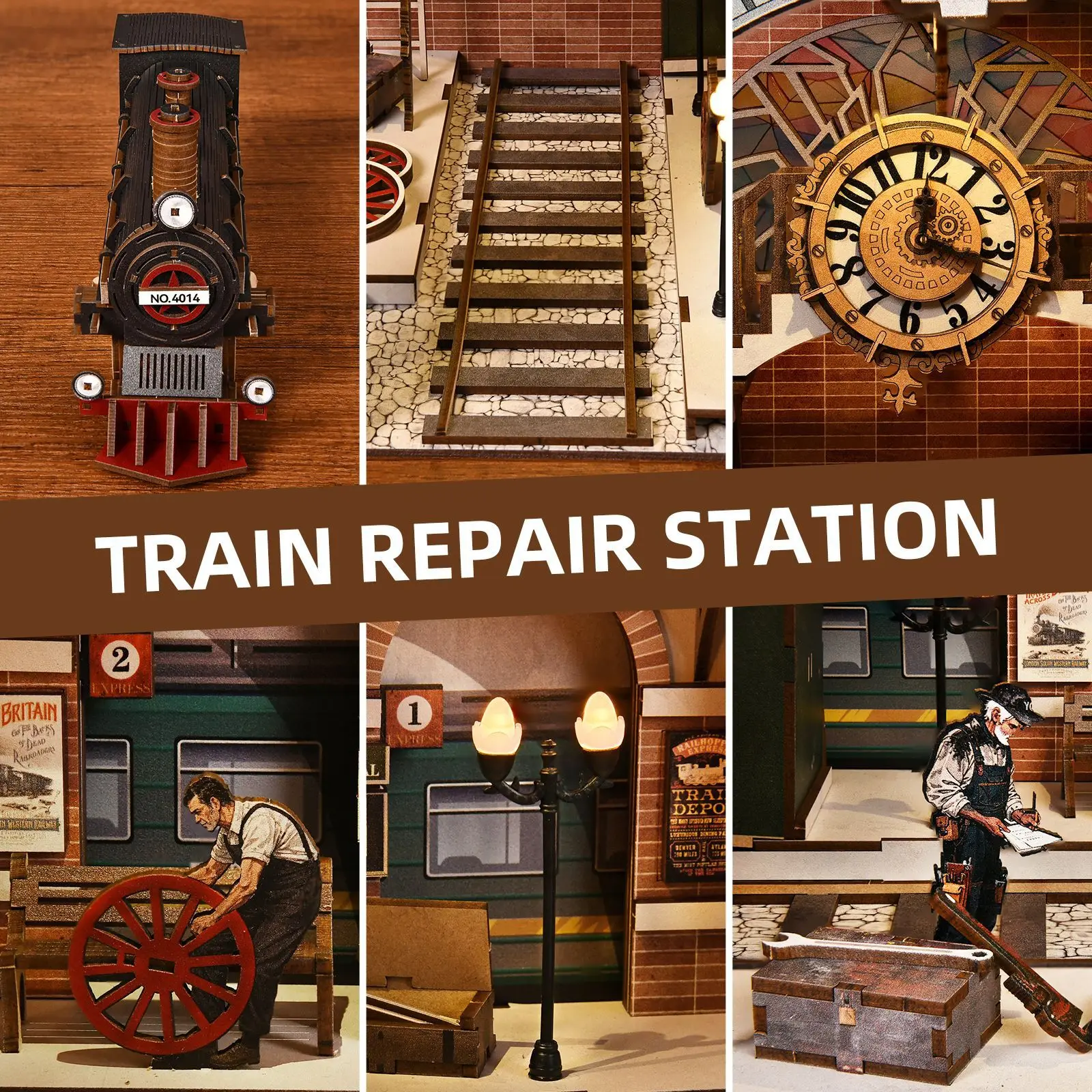 Zugreparaturstation DIY Cottage Modellhaus Mobiler Zug handmontierter Buchständer aus Holz Ornament Baustein Geschenk