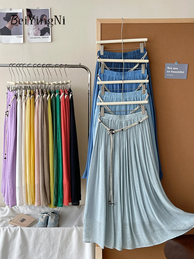 Beiyingni Casual Lazy Style Women Long Maxi Skirt Sashes Streetwear Vintage Cotton Linen Pleated Skirts Summer Holiday French