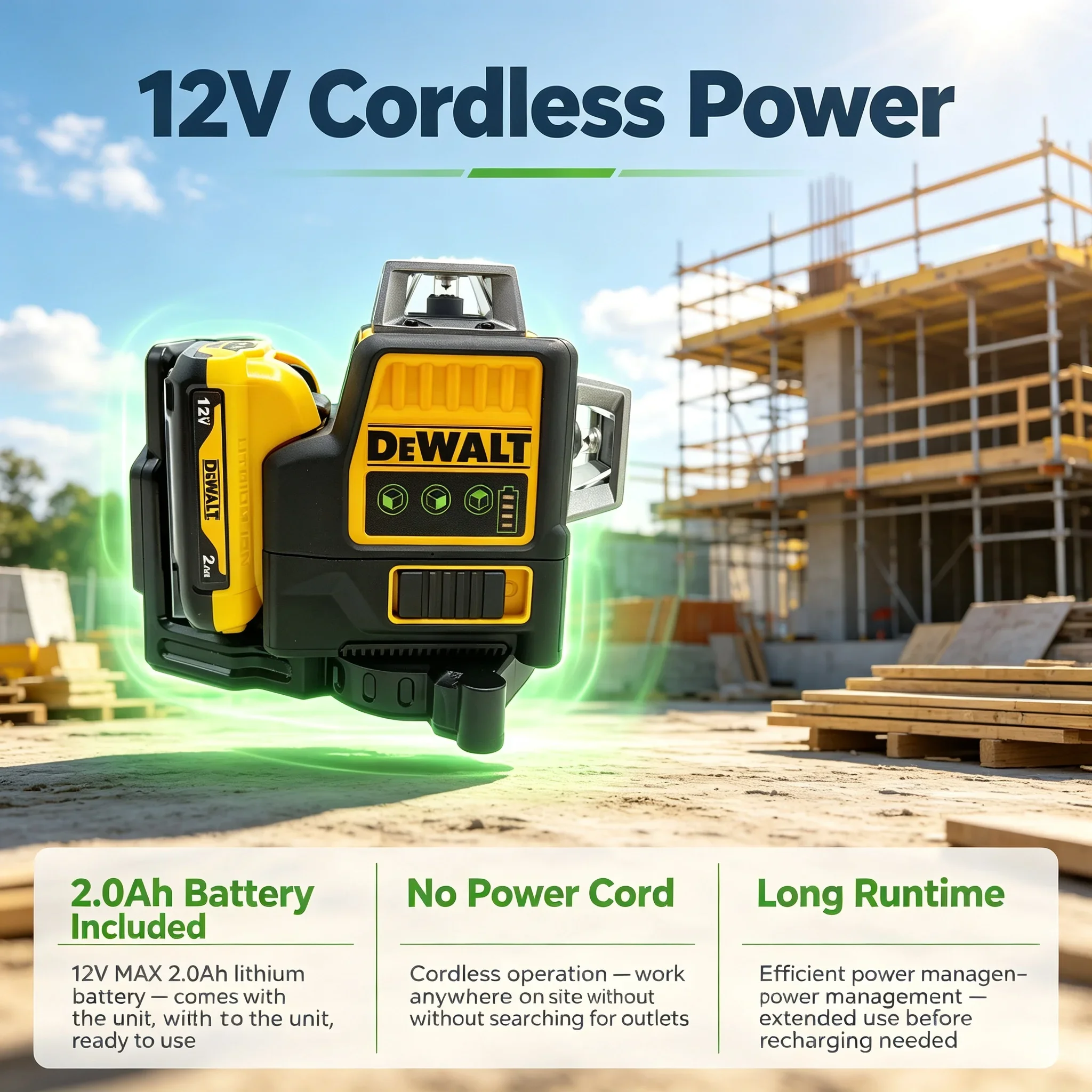 DEWALT 12V XR Laser Measuring Tool, Green Beam, Automatic Level Alarm, Portable Site Marking Laser Level