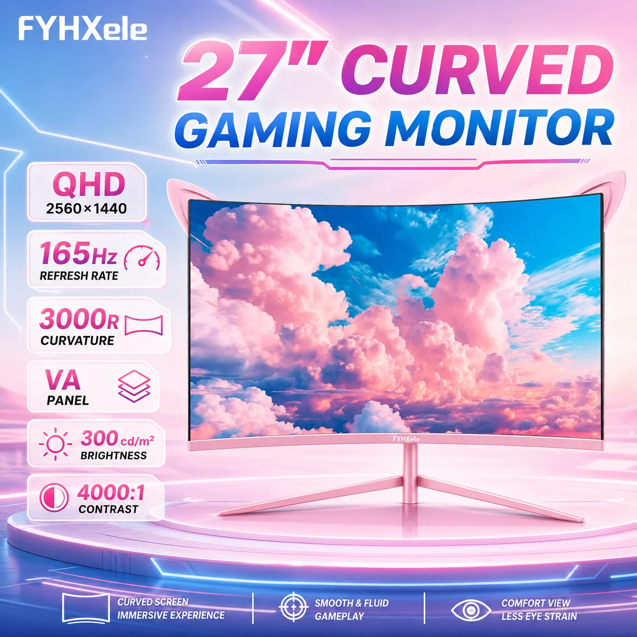 Écran d'ordinateur de bureau incurvé rose 27 pouces 2K QHD 2560x1440 165Hz CSOT VA, compatible AMD FreeSync HDR R1800, finition mate, HDMI DP, pour PC Gamer - Moniteur FY27QHP