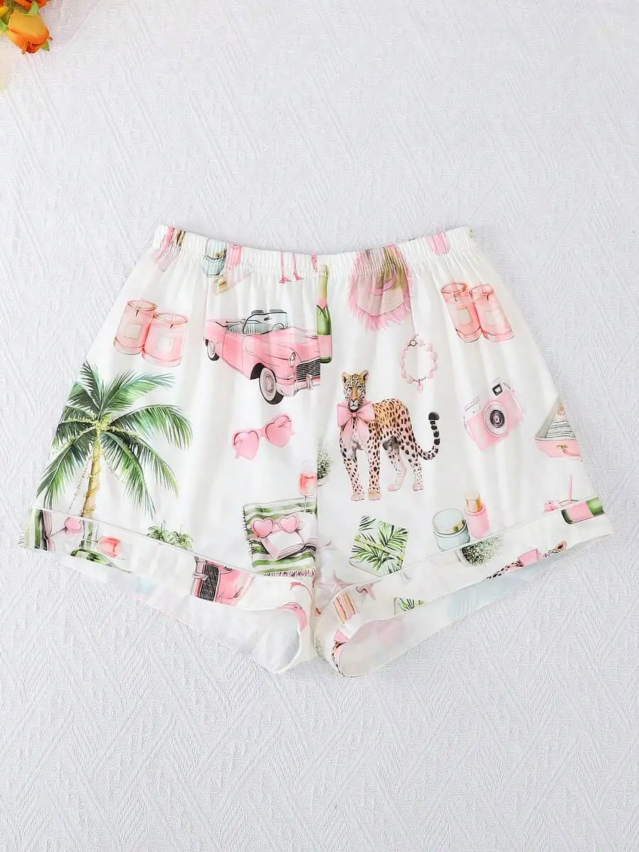 

Womens Printed Sleep Shorts Set, Palm Tree Leopard Camera Pink Car Pattern, Comfortable Loose Fit