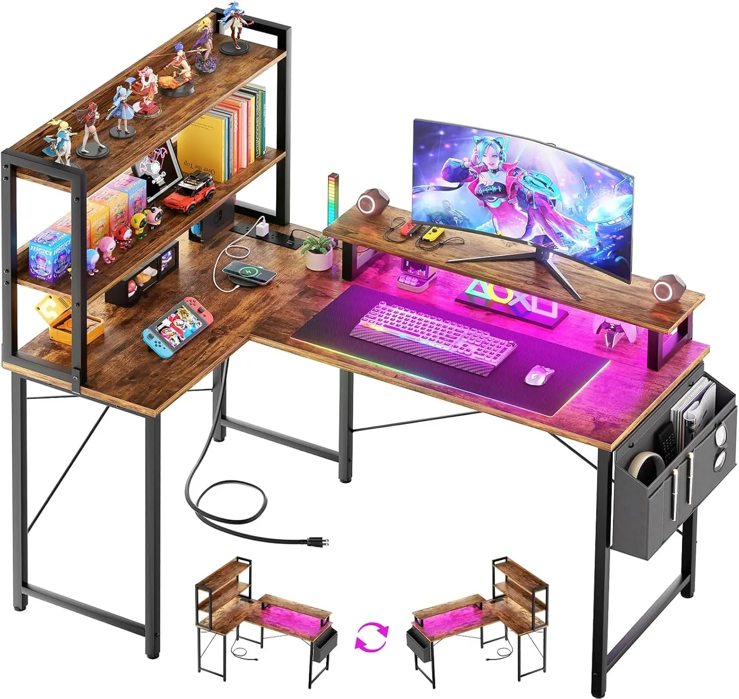 

L Shaped Computer Desk with Bookshelf, 47 Inch Reversible Corner Gaming Desk with Charging Station & Led Light, Home Office Desk