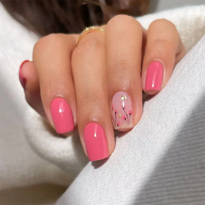 

24Pcs Short Square Head Fake Nails Press on Pink Flower Golden Shiny Powder Design Full Cover Nails Tips Detachable False Nails