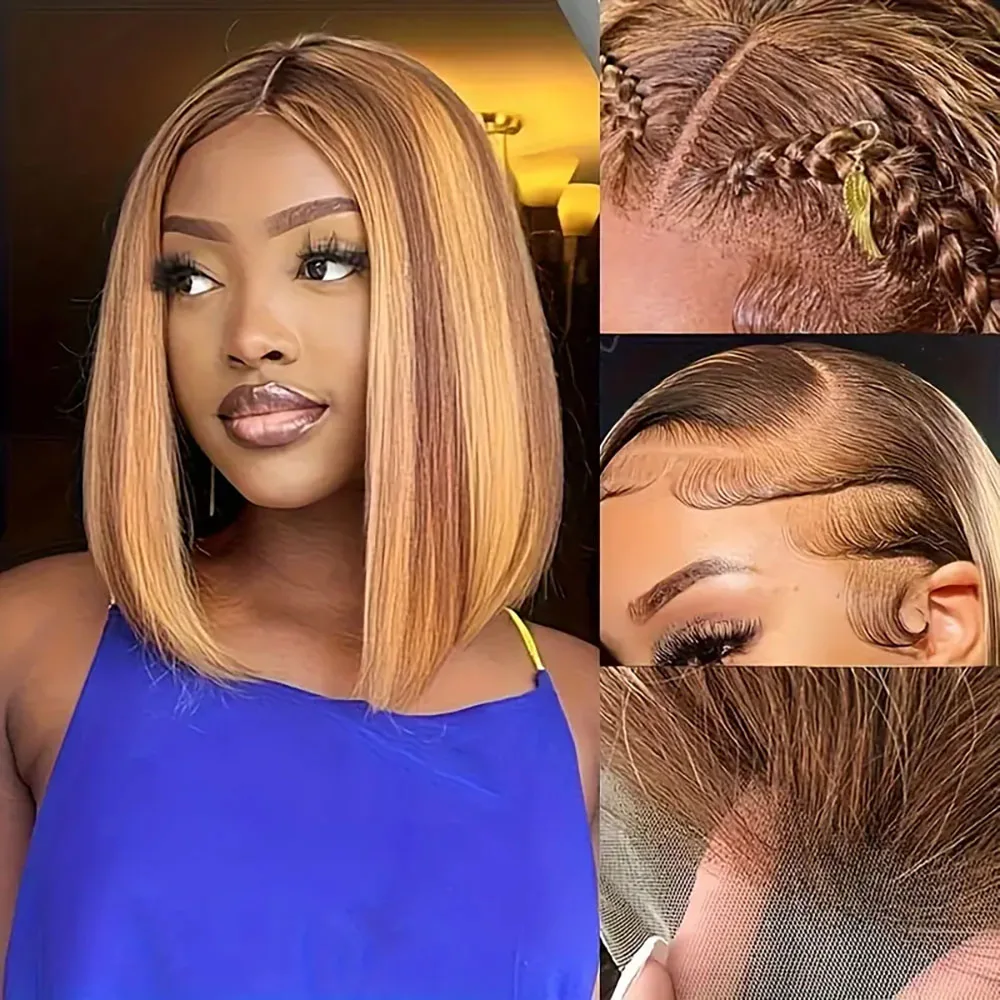 ハイライトボブウィッグ人毛ストレート 13 × 4 透明レースフロントウィッグ人毛 4/27 女性のためのかつら