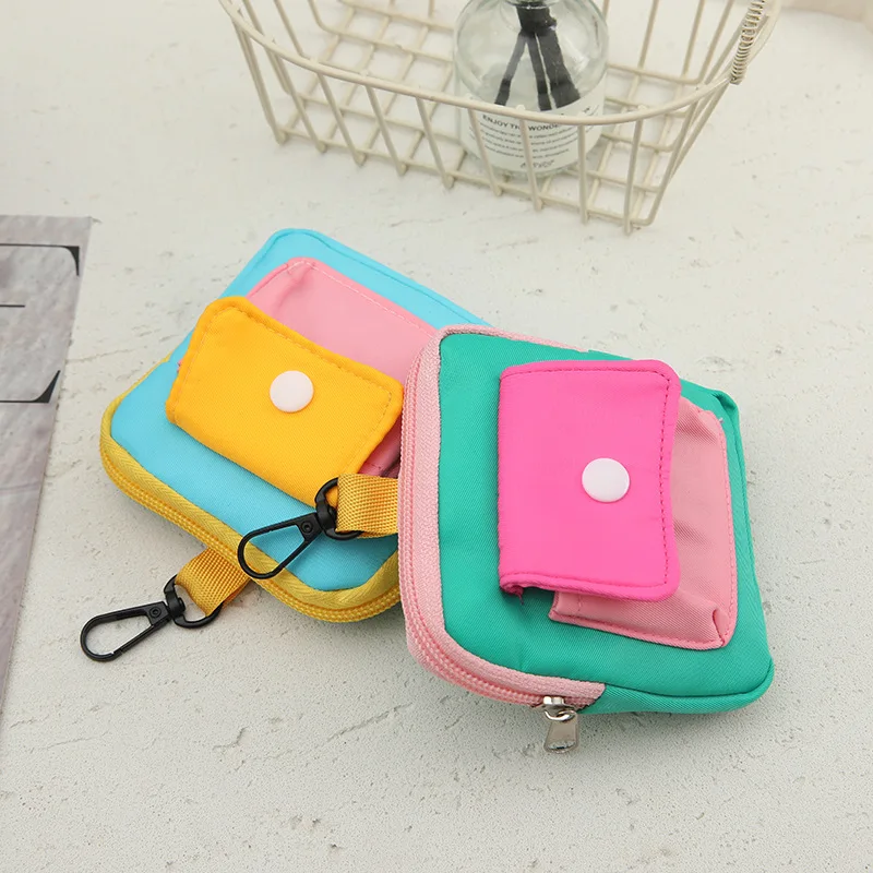 Color Block Mini Coin Purse with Carabiner Portable Small Zipper Wallet, Multicolor Contrast Key Pouch Earphone Card Storage