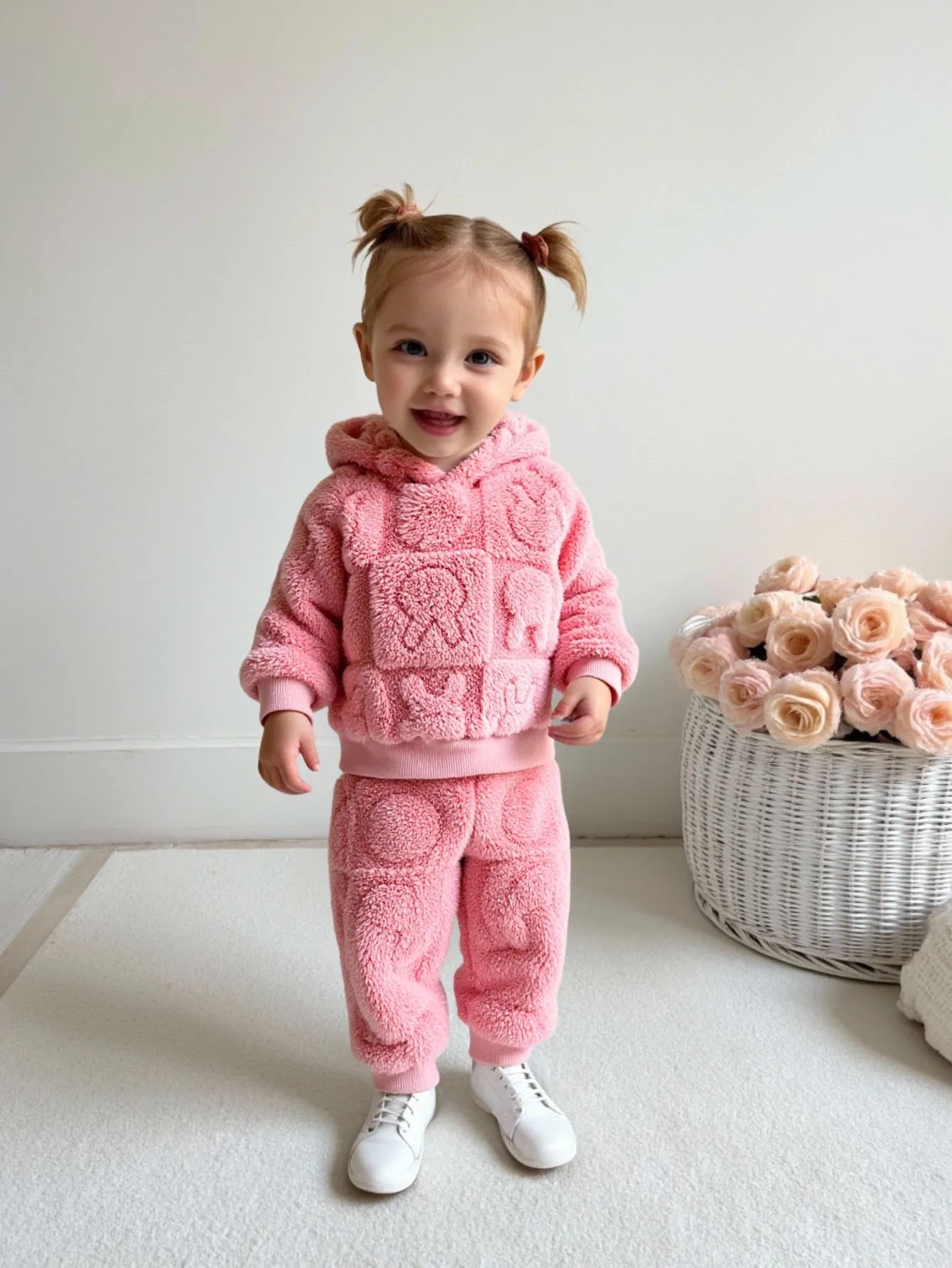 طقم مكون من قطعتين من أنماط الرسوم المتحركة العصرية واللطيفة للفتيات الصغيرات، طقم بلوزات وسراويل بغطاء للرأس من قماش الفرو السميك لفصل الشتاء