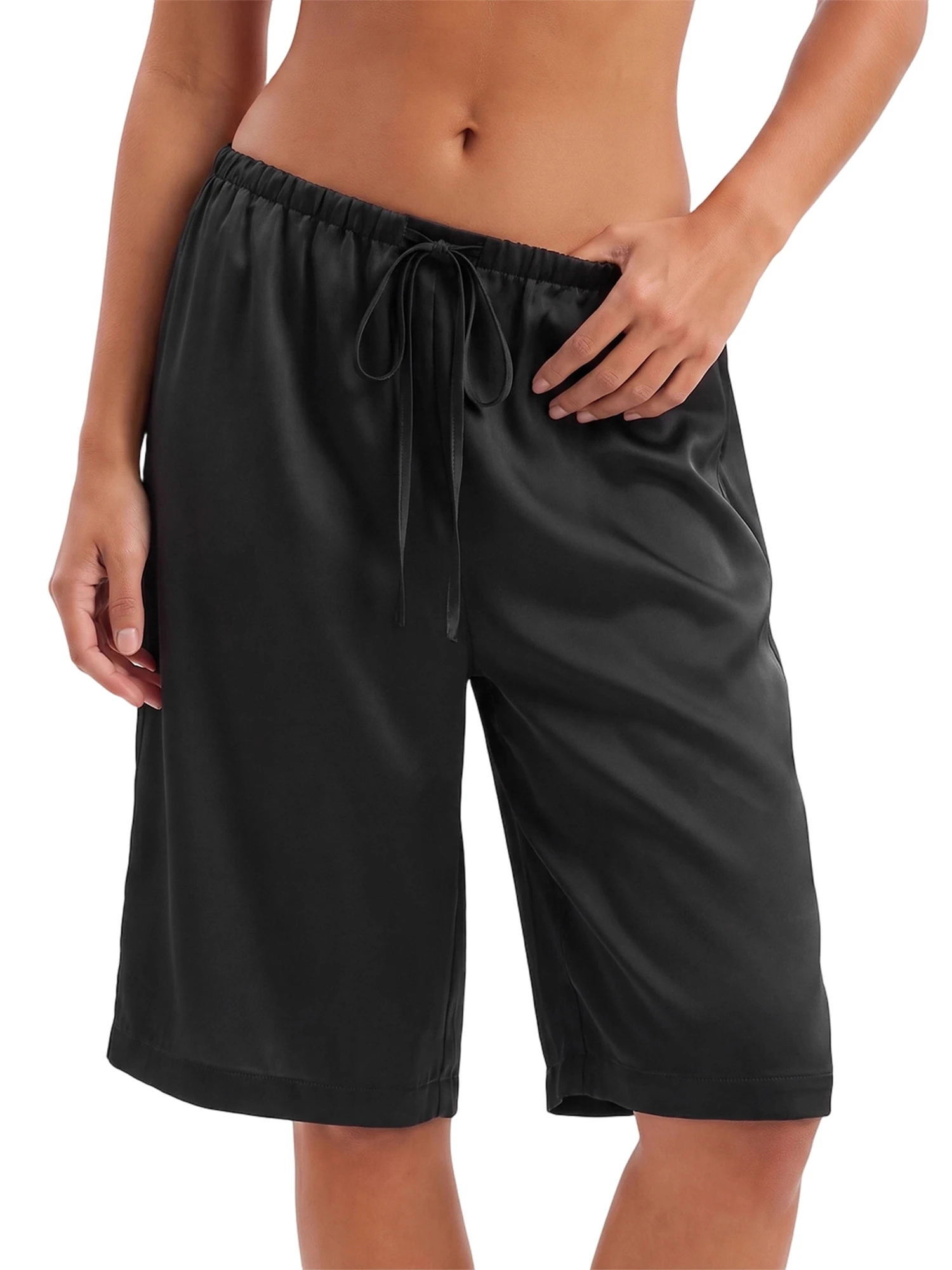 Women Summer Satin Shorts Solid Color Low Rise Elastic Waist Shorts