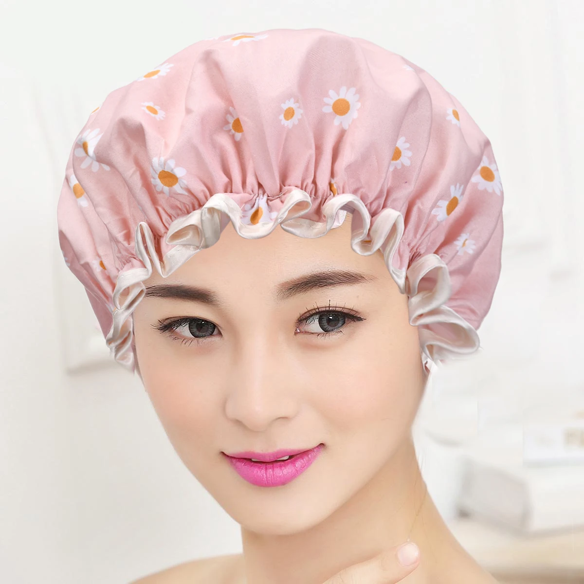 Reusable Shower Caps Double Layer Waterproof Shower Cap Elastic Hair Cap for Girls Women Shower Spa Hotel Travel