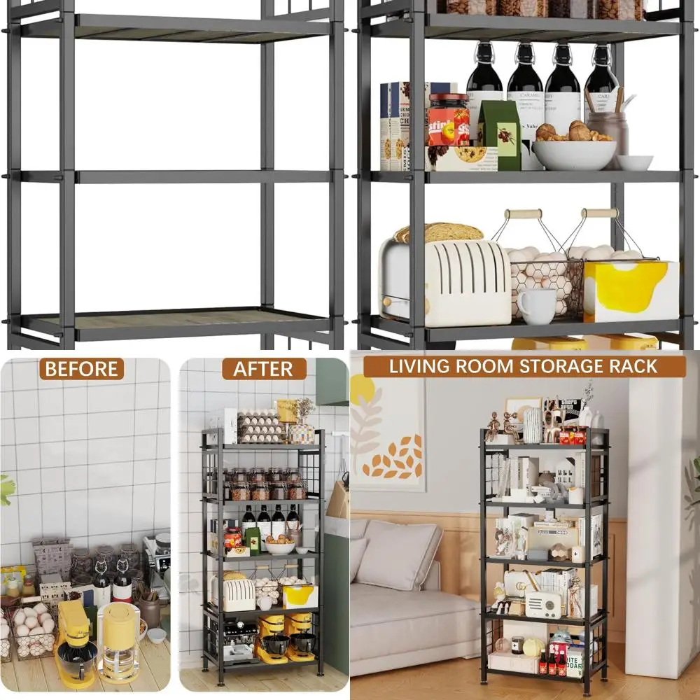 

Sturdy 5-Shelf Kitchen Storage with Wood Boards, Metal Rack for Garage, Bathroom, 750 lbs Capacity, Black