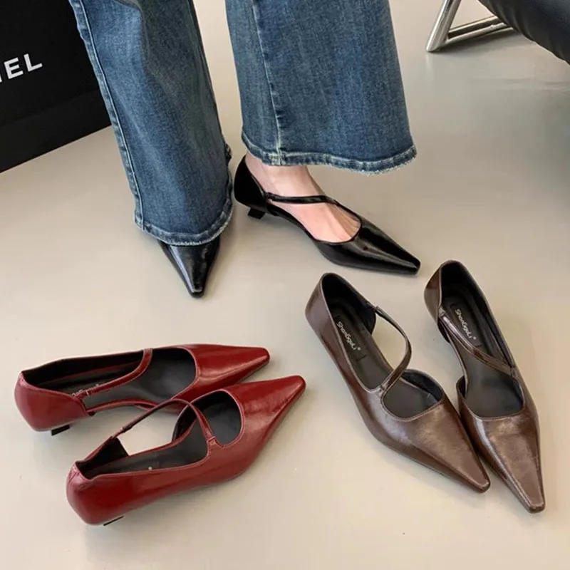 Elegant Women Pumps Pointed Toe Shallow Slip On Thin Low Heel Office Dress Pumps Sexy Party Dress Shoe Fashion Narrow Band Mujer