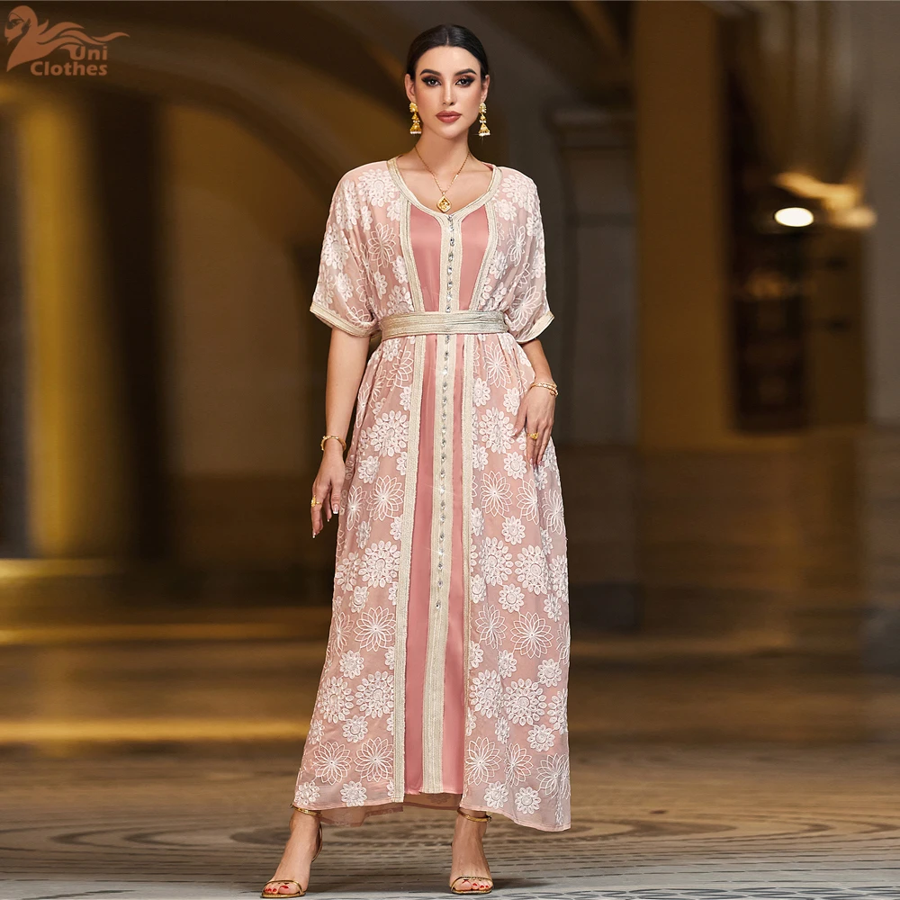 

2025 New Luxury Muslim Abaya Dress Hand Sewn Rhinestones Loose Lantern Sleeve Ramadan Eid Long Kaftan Robe for Women