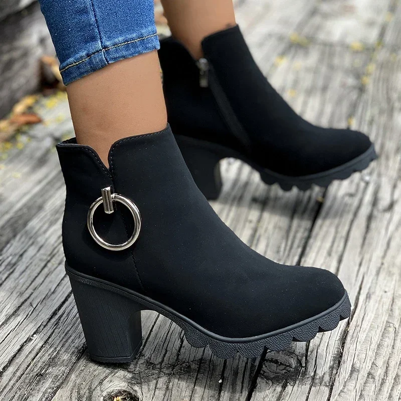 

Women's High Heeled Booties Winter New Buckle Side Zip Ladies Short Boots Comfortable Waterproof Boot Women Warm Plus Size Botas