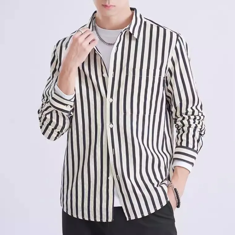 

Men's Summer Thin Ice Silk Long Sve irt Workwear Striped Lightweight Faionable Sun Protection Outerwear Stand Fit