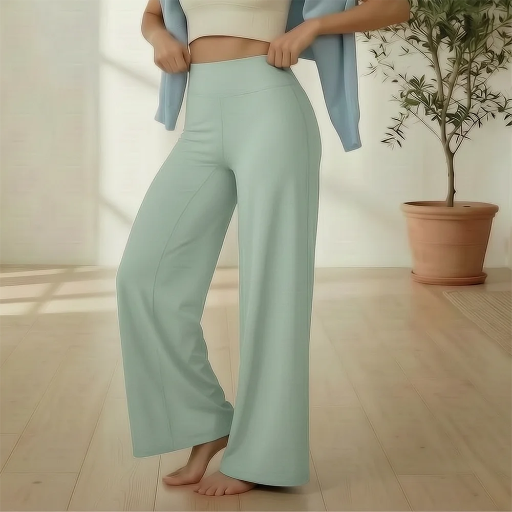Damen High-Waist Weite Yoga-Hose, lockere Schlaghose mit Bauchkontrolle, gerade geschnittene Trainingshose, lässige Lounge-Hose für Fitness