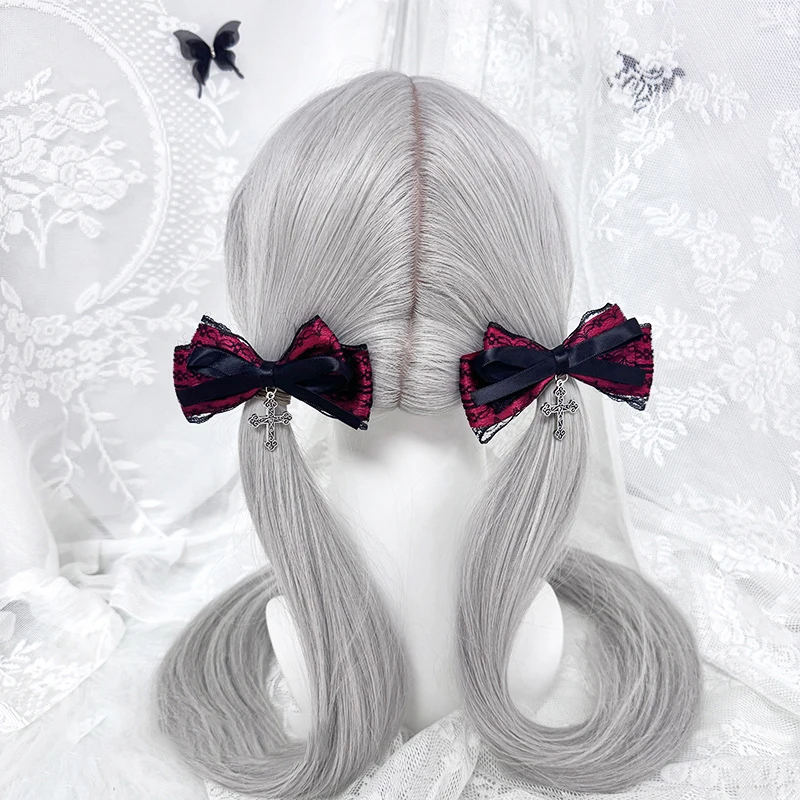 Gothic Lace Bow Hair Clips Women Vintage Cross Pendant Hair Barrettes Dark Lolita Hair Accessories Party Cosplay Daily Wear
