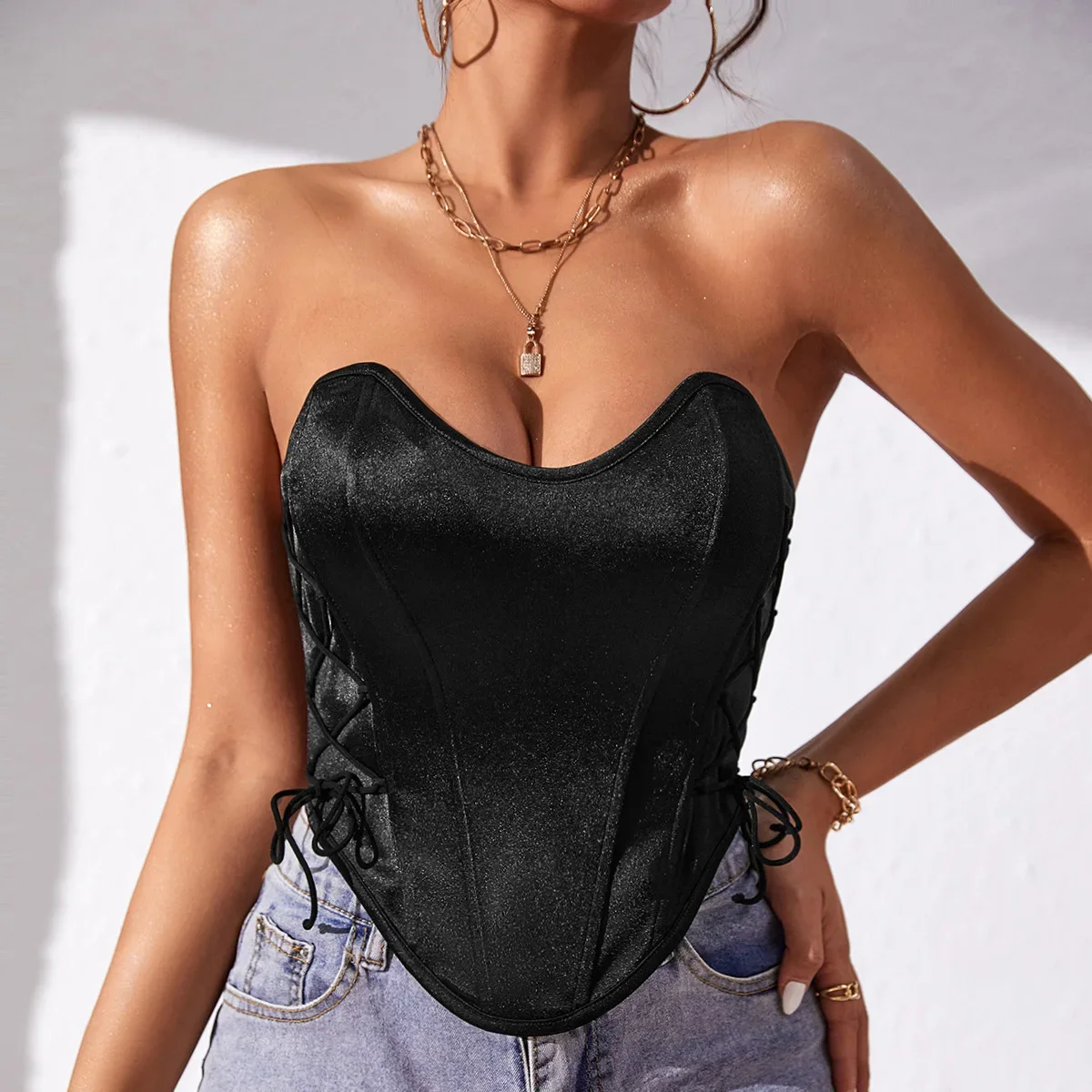 Sexy Lace Up Solid Color Tube Tops Corset Top Strapless Vest Street Backless Fish Bone Waist Tank Top Fashion Crop Top