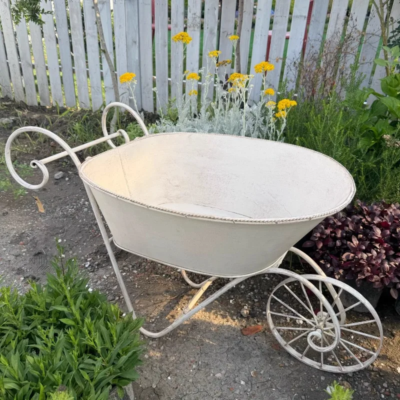 White Iron Garden Wagon 108x54x61cm Spacious Plant Trolley with Wheels Rustic Outdoor Utility Cart Heavy Duty Garden Hauler