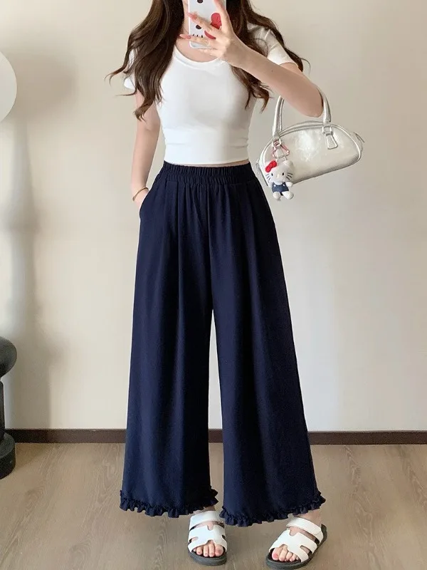

High Waist Draped Straight Leg Wide Leg Pants Women's Summer New Style Lazy Style Wood Ear Trim Elastic Waist Nine Points