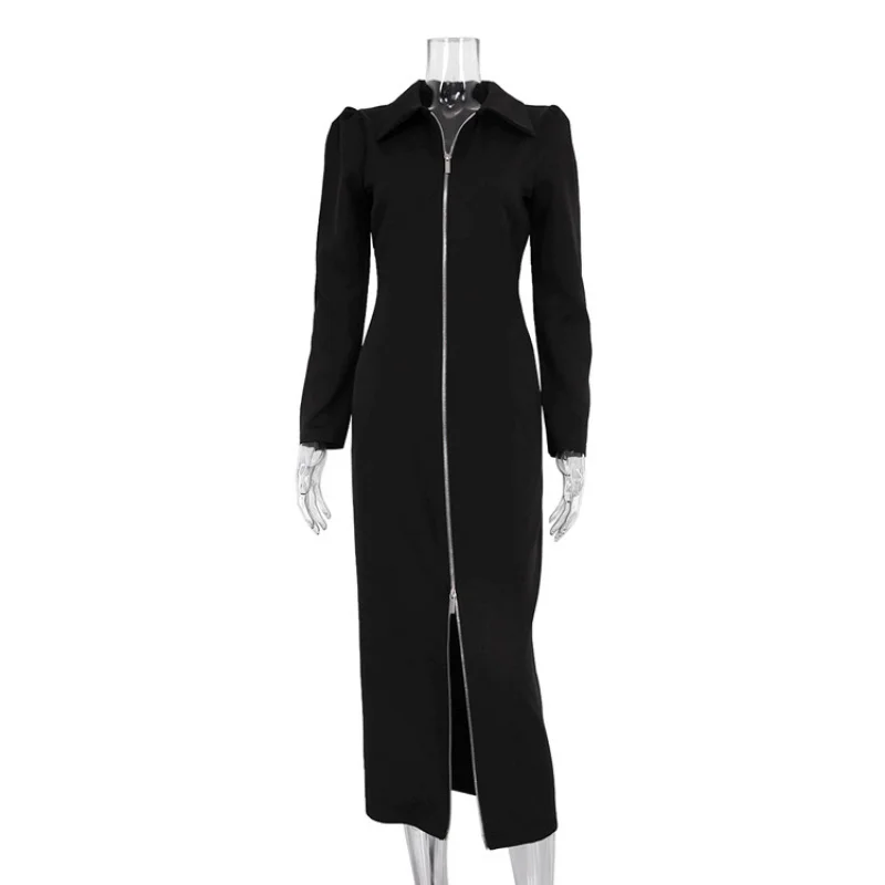 Women's New Cardigan Bodycon Long Dress Fashion Turn-Down Collar Zipper Long Sleeve Black Dress