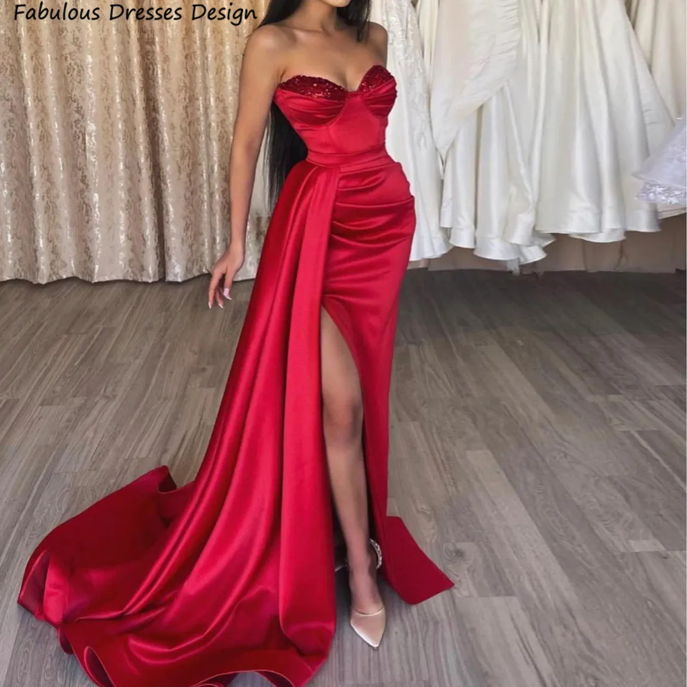 Women Red Long Mermaid Prom Dress Sequin Strapless Sweetheart Neck Streamer Slit Wedding Guest Dress Party Evening Dresses