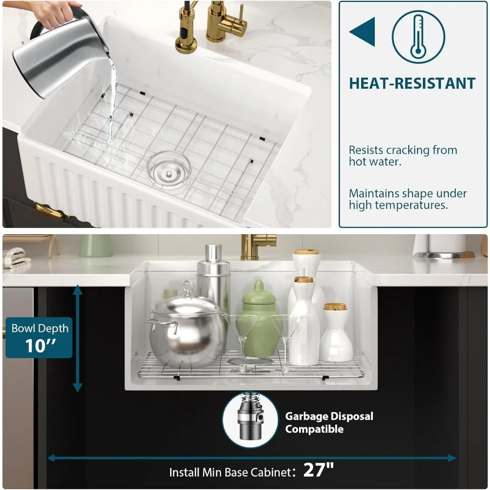 Tablier d'argile de feu blanc de 24 pouces de profondeur, évier de cuisine de ferme à cuvette unique avec conception de Style fermier en céramique